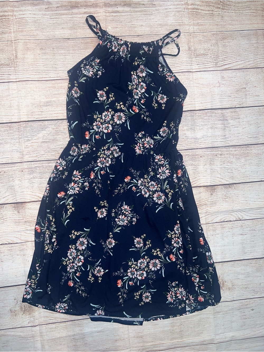 Navy Blue Floral Halter Dress Smocked Neck Super Soft & Stretchy Small